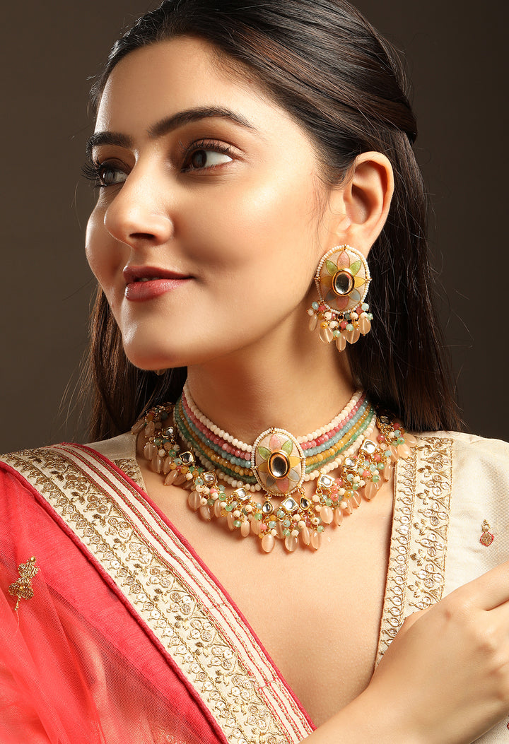 Luxury 24K Gold-Plated & White Kundan Studded Enameled Jewellery Set