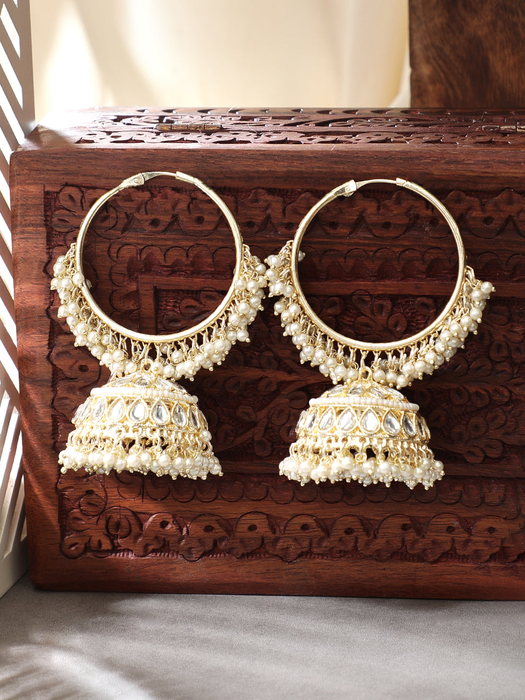 Gold Plated Handcrafted Kundan with White Pearls Jhumka Earrings