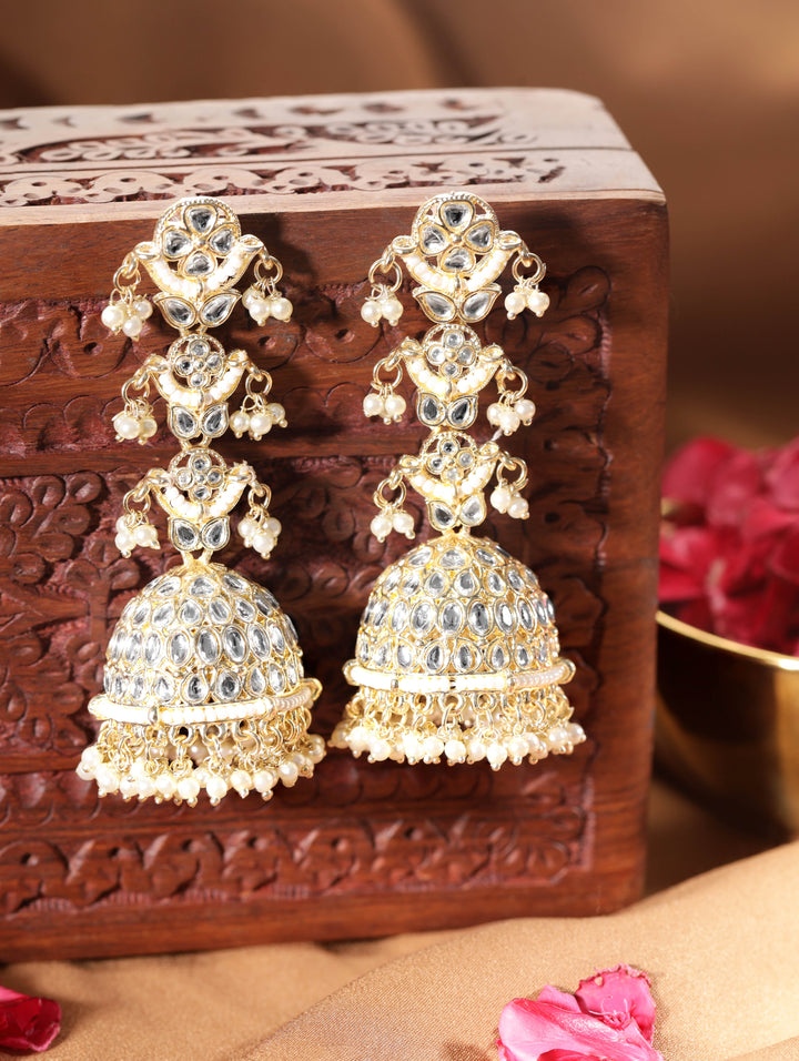 24K Gold Toned Pearl Beaded Kundan Studded Jhumka earrings