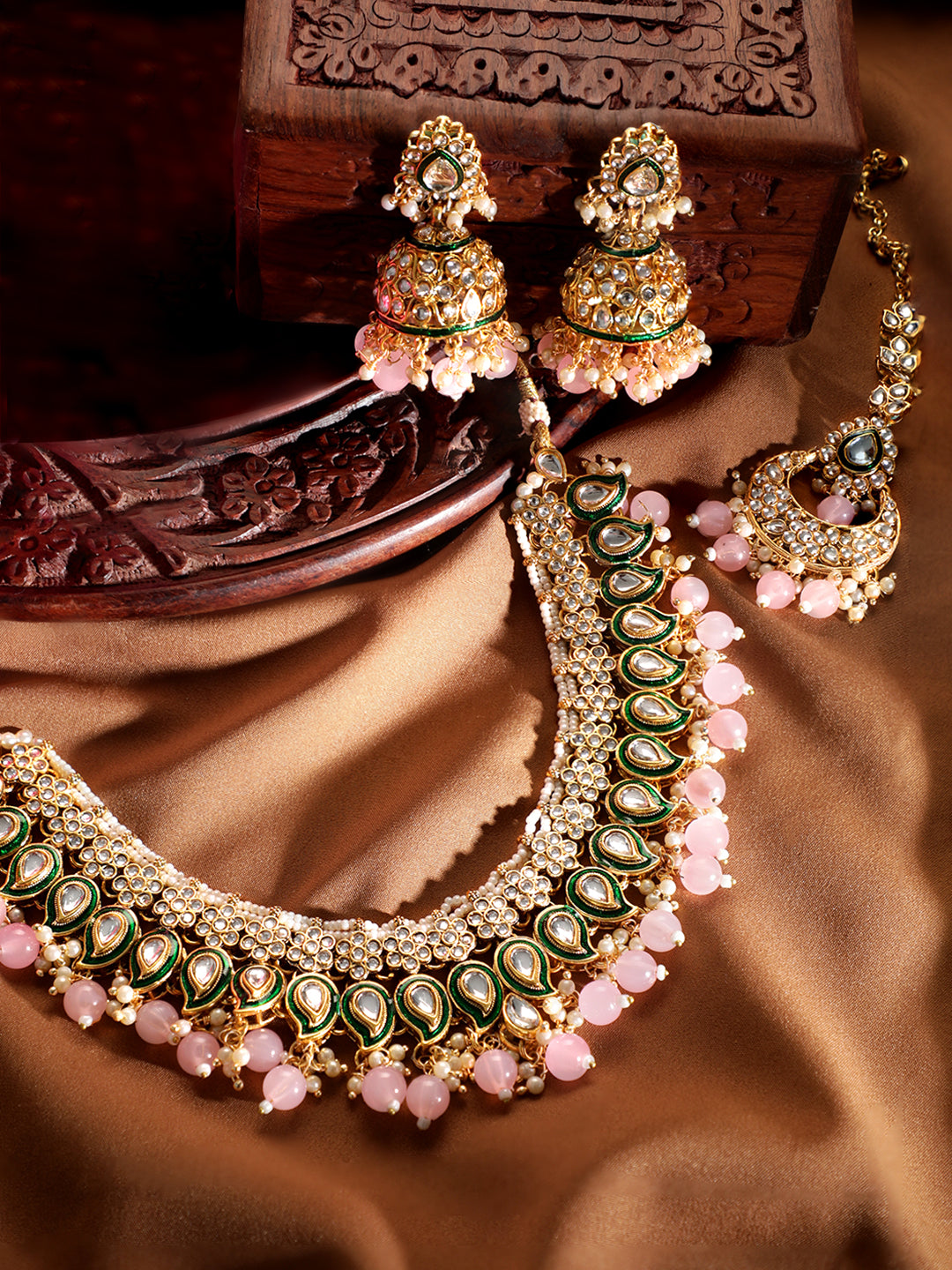 24K Gold Plated Kundan Studded Green Enemal Pink Beaded Jewellery Set