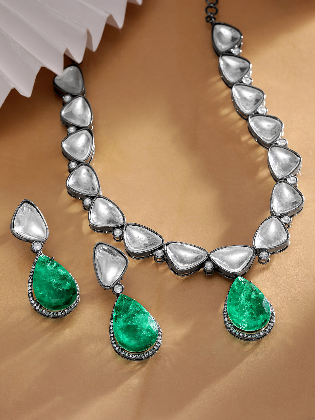 Antique Gold Plated Brilliant Cut Zirconia & Kundan, Emerald Green Doublet Vintage Royal Necklace Set