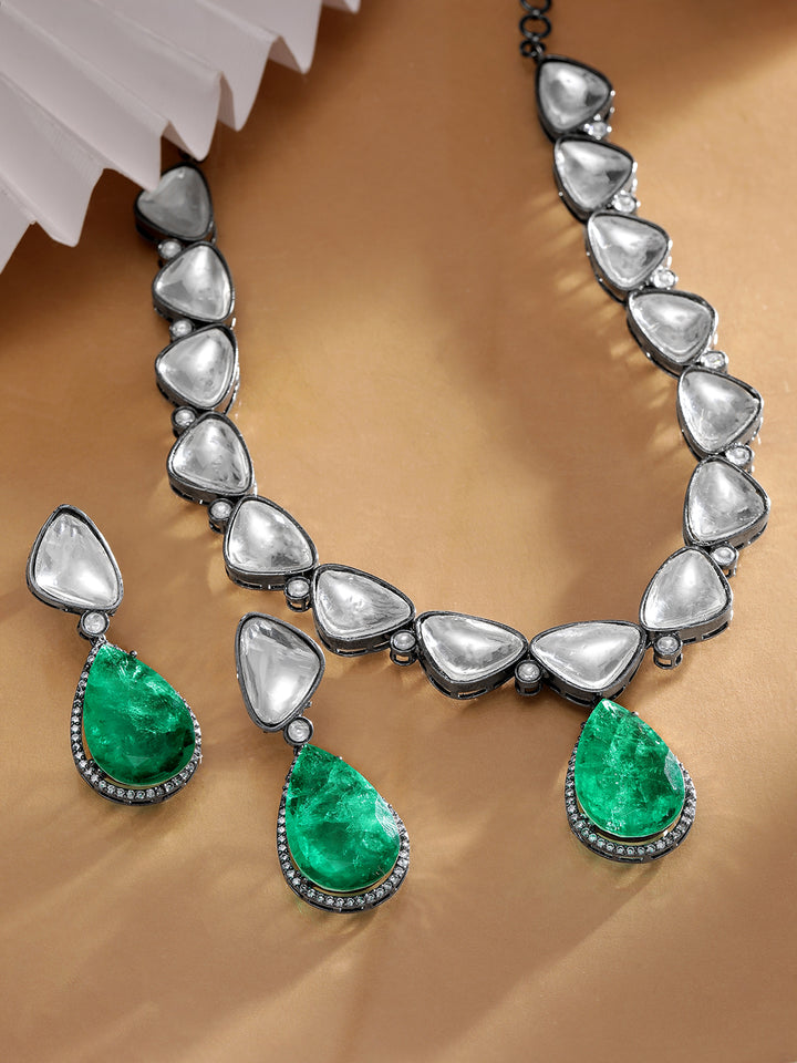 Antique Gold Plated Brilliant Cut Zirconia & Kundan, Emerald Green Doublet Vintage Royal Necklace Set
