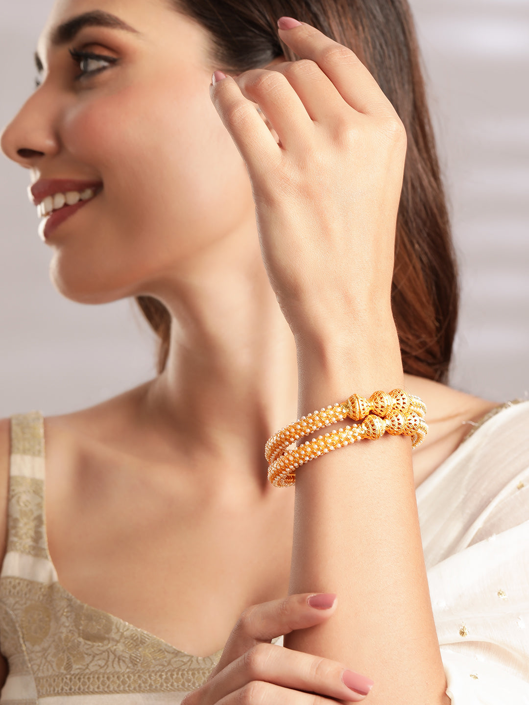 Set Of 2 Gold-Plated  White Pearls-Studded Handcrafted Bangles