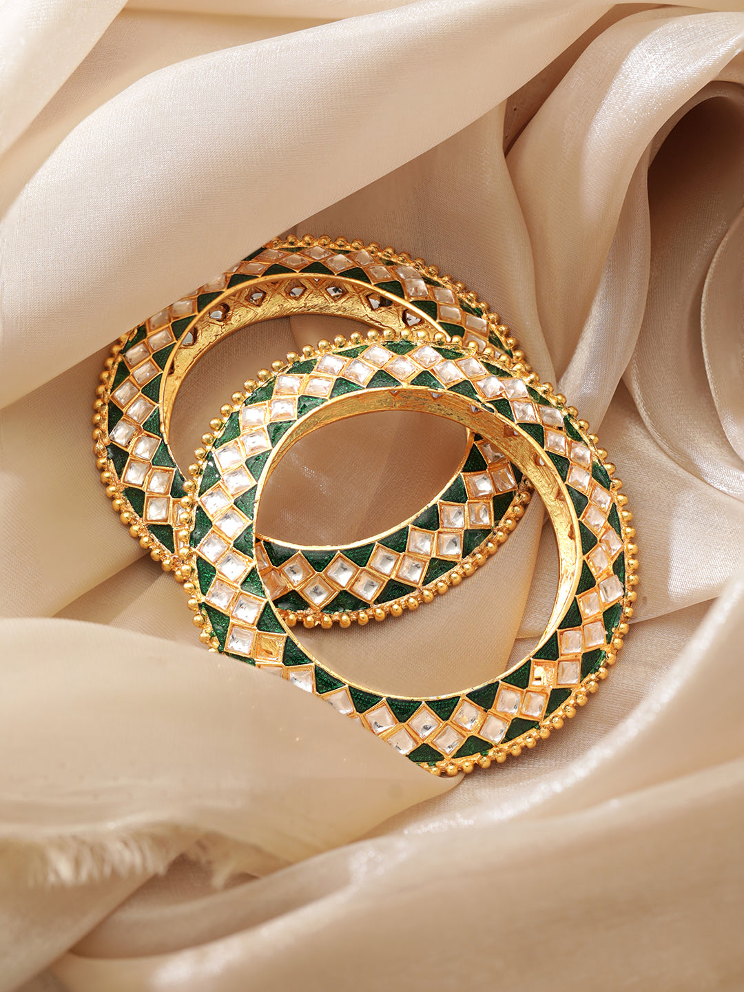 Set Of 2 24K Gold Plated Green Enemal & Premium Kundan Studded Bangle