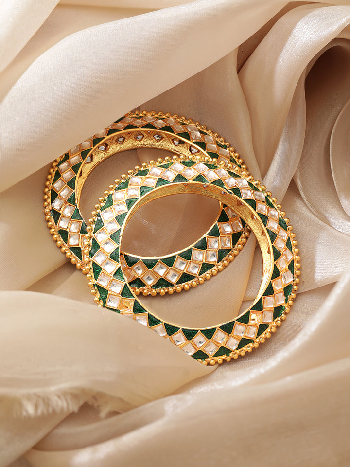 Set Of 2 24K Gold Plated Green Enemal & Premium Kundan Studded Bangle