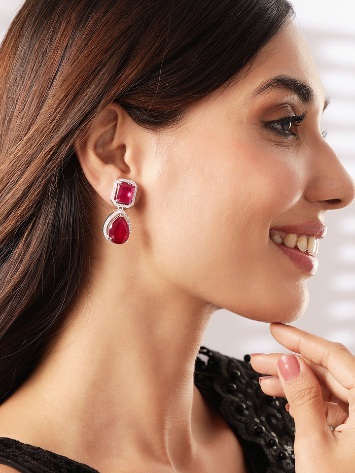 Silver Toned CZ Studded Ruby Embellished Drop Earrings