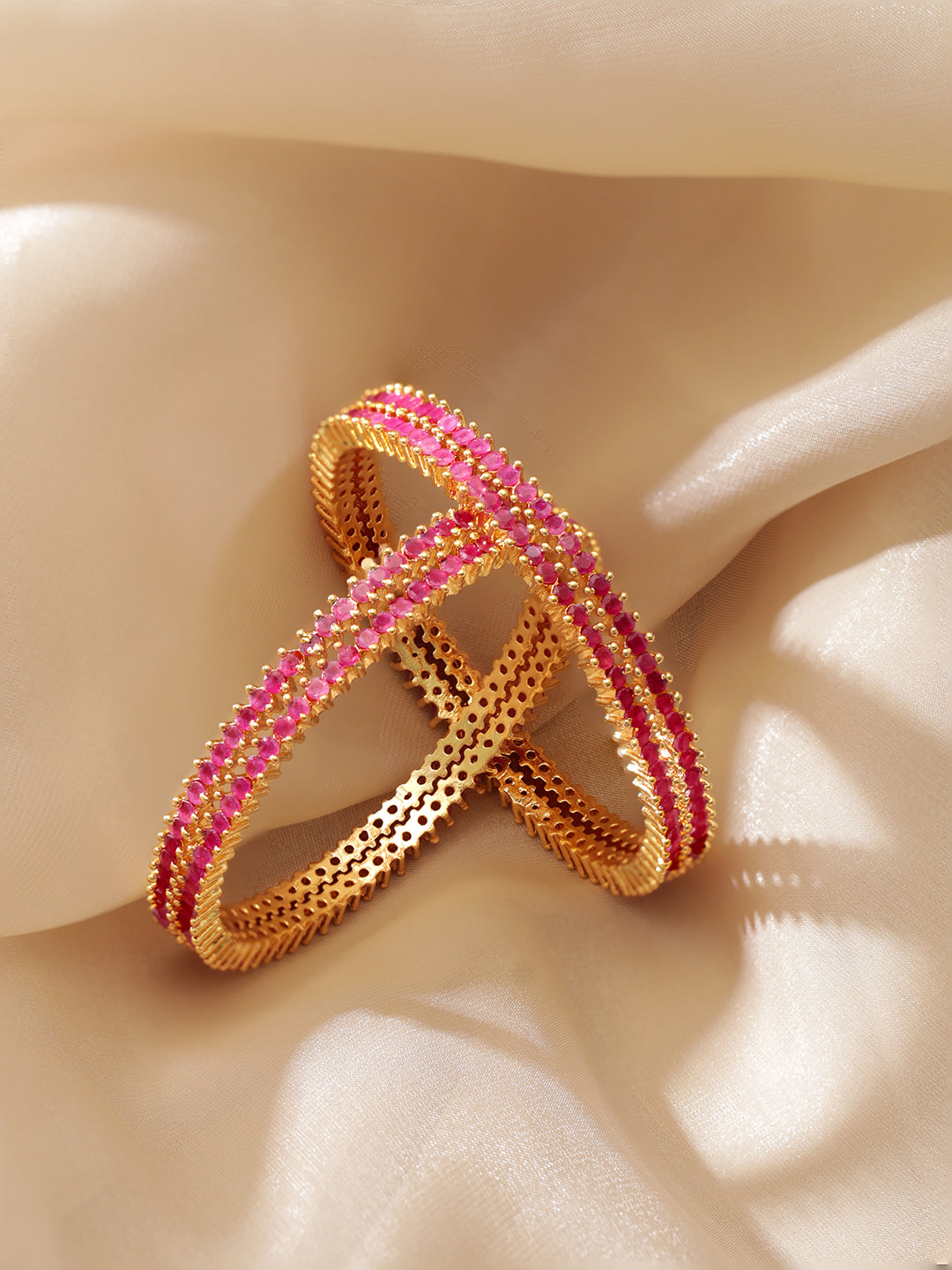 Set Of 4 Gold-Plated & Pink AD-Studded Bangles