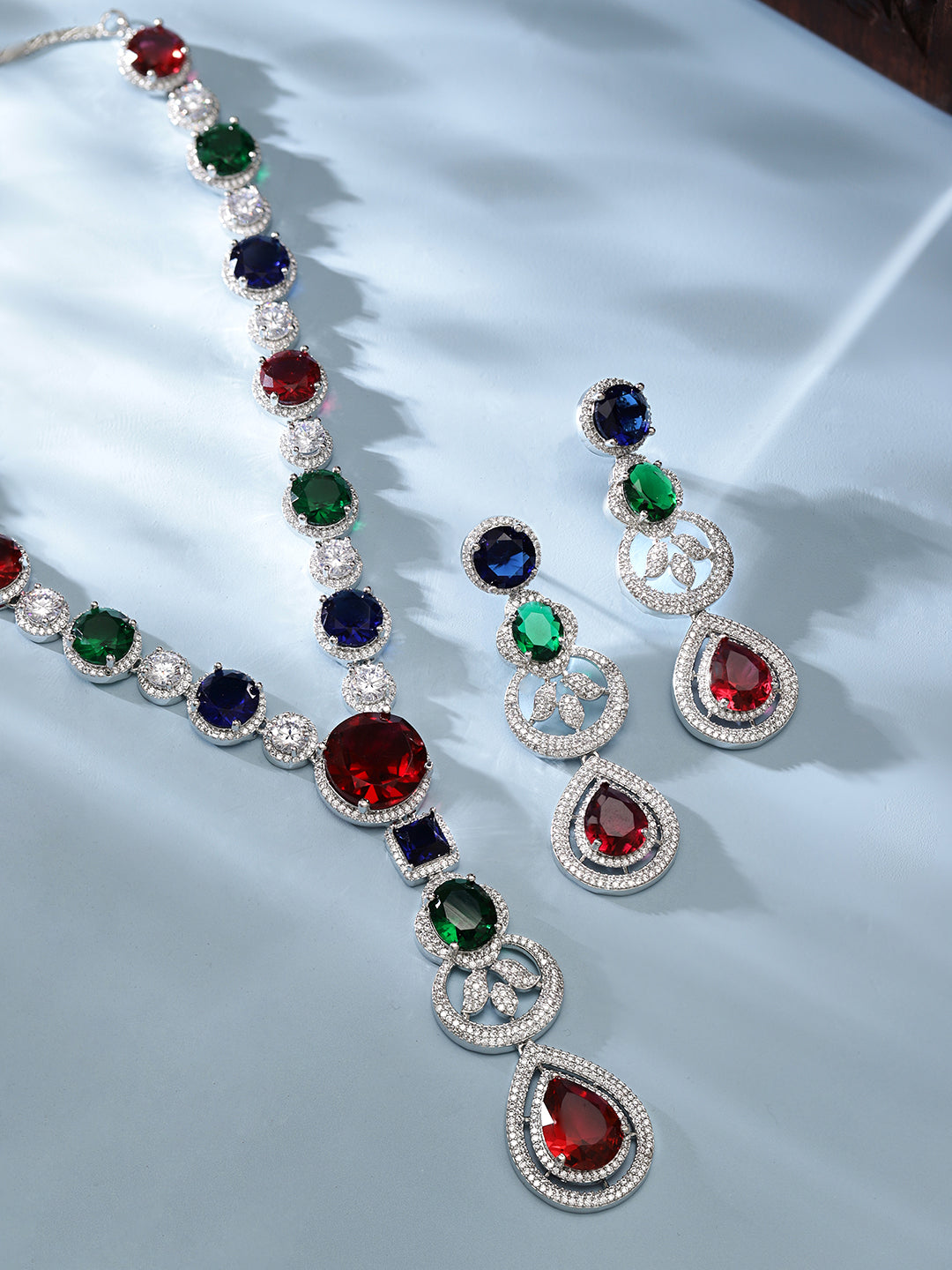 Rhodium Plated Multicoloured Zircons Stones Necklace & Earring Set.