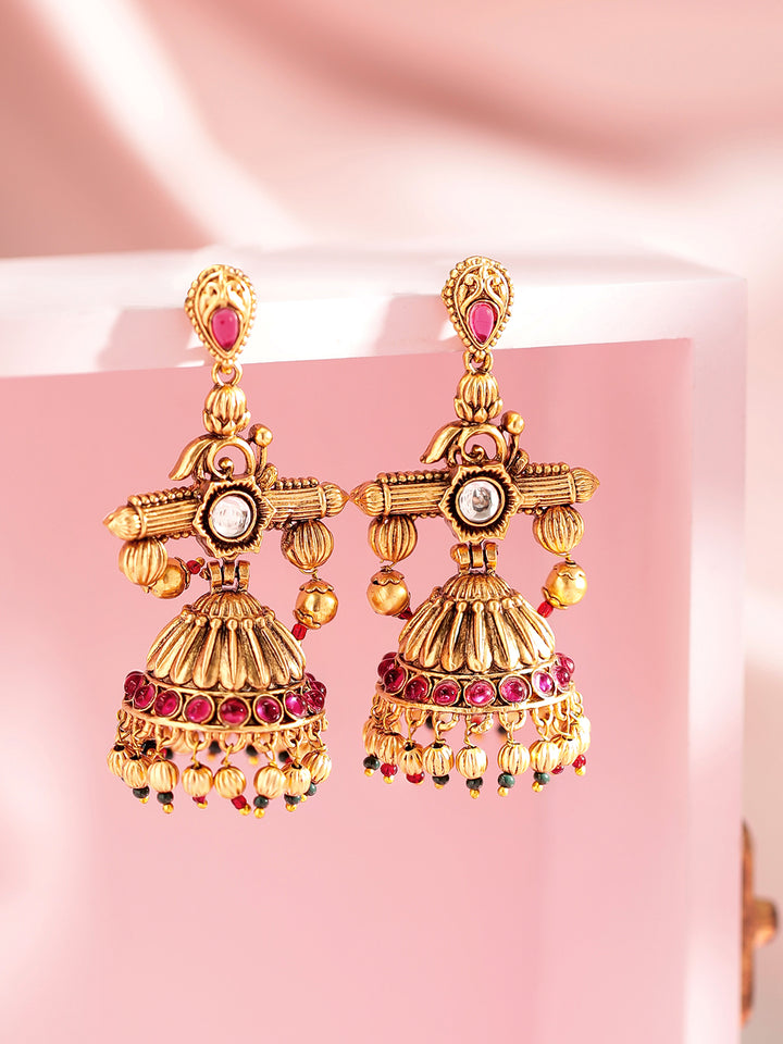 Traditional Gold Jhumkas With Pink and Green Beads