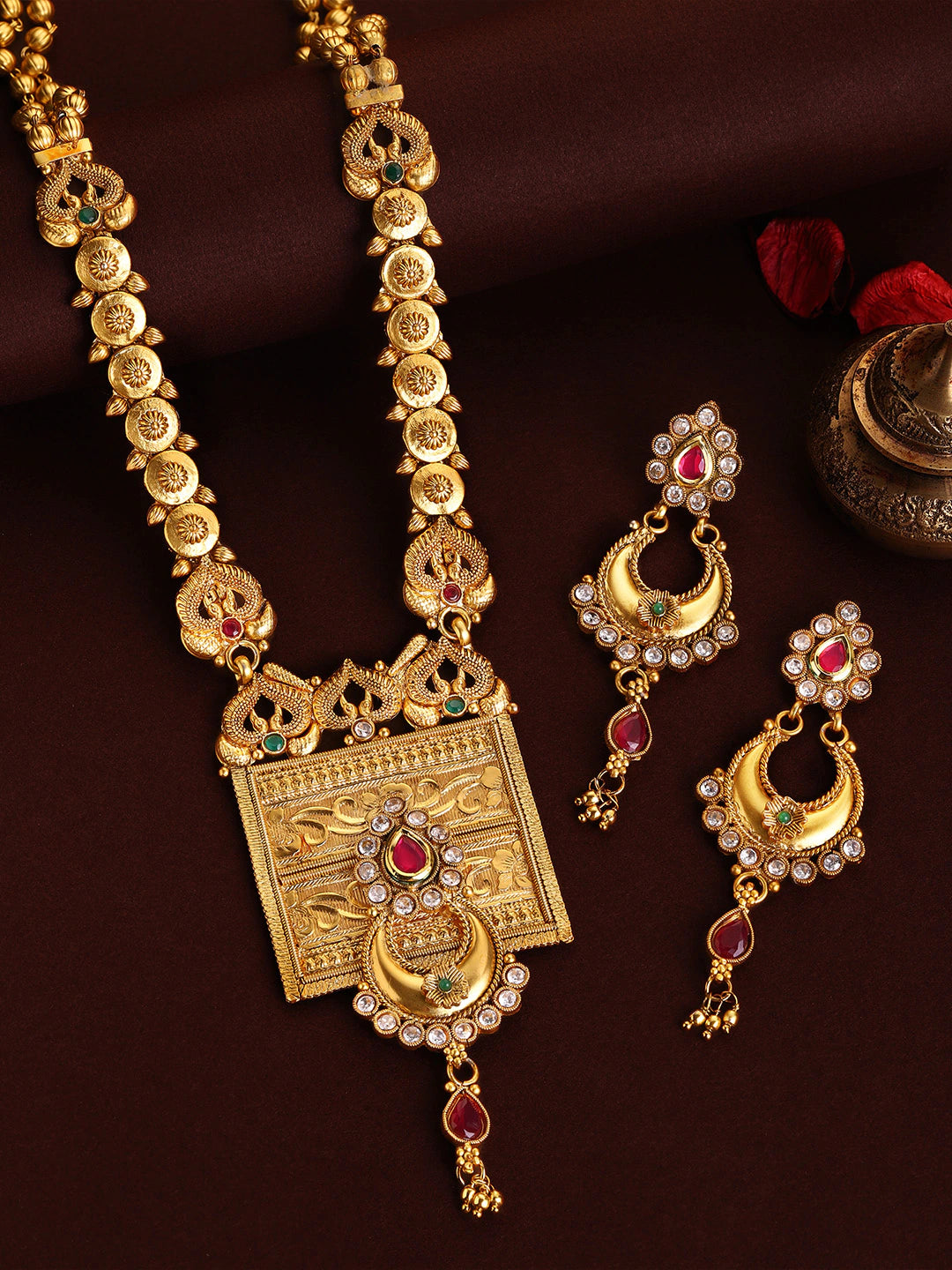 24K Gold Plated Handcrafted Filigree Ruby Studded Necklace Set