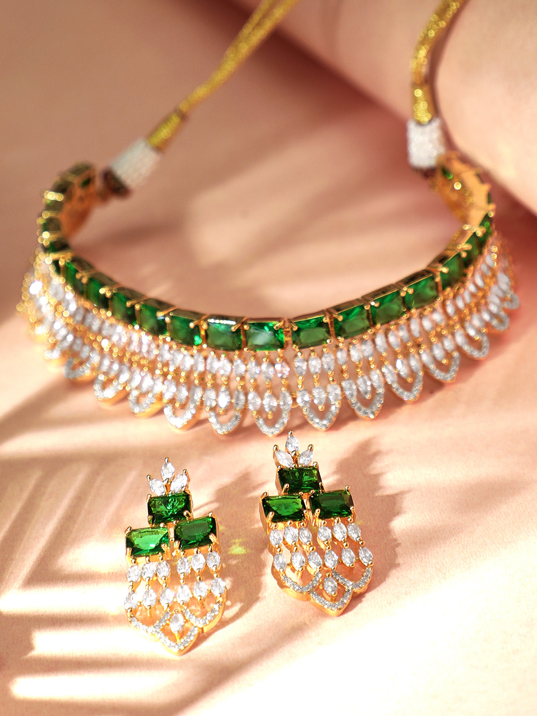 Gold Plated Green & White Stone Studded American Diamond Necklace Set.