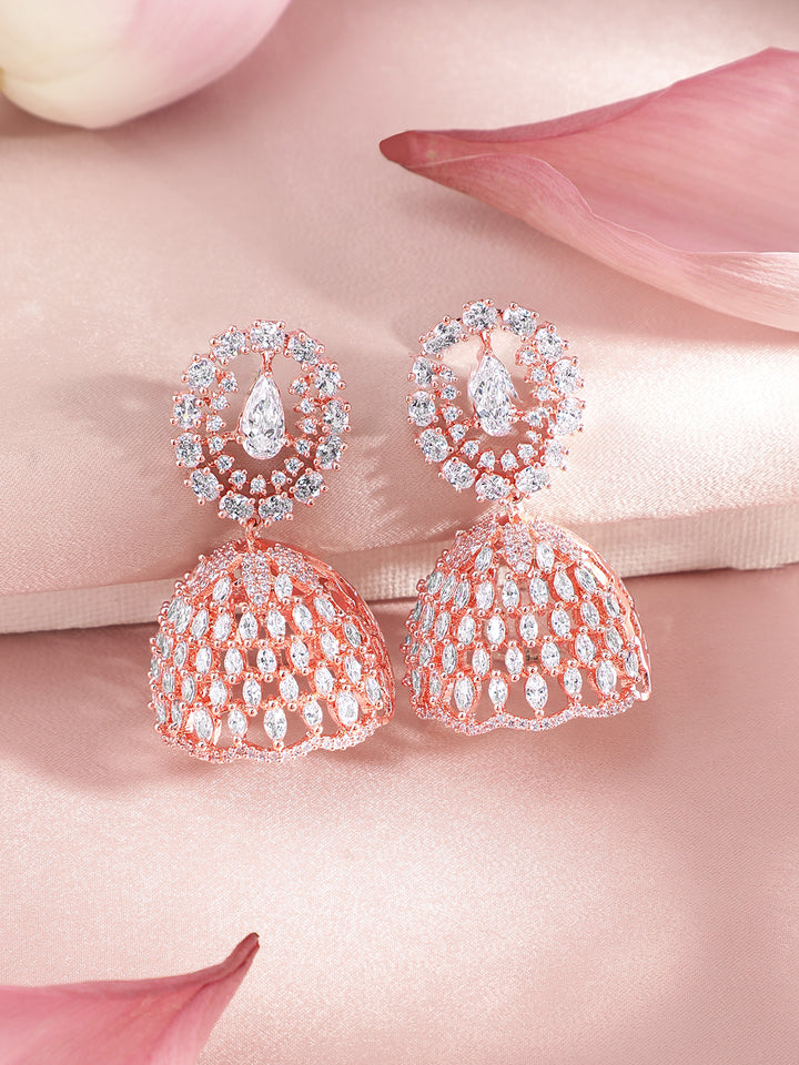 Rose Gold-Plated AD Studded Jhumka Earrings