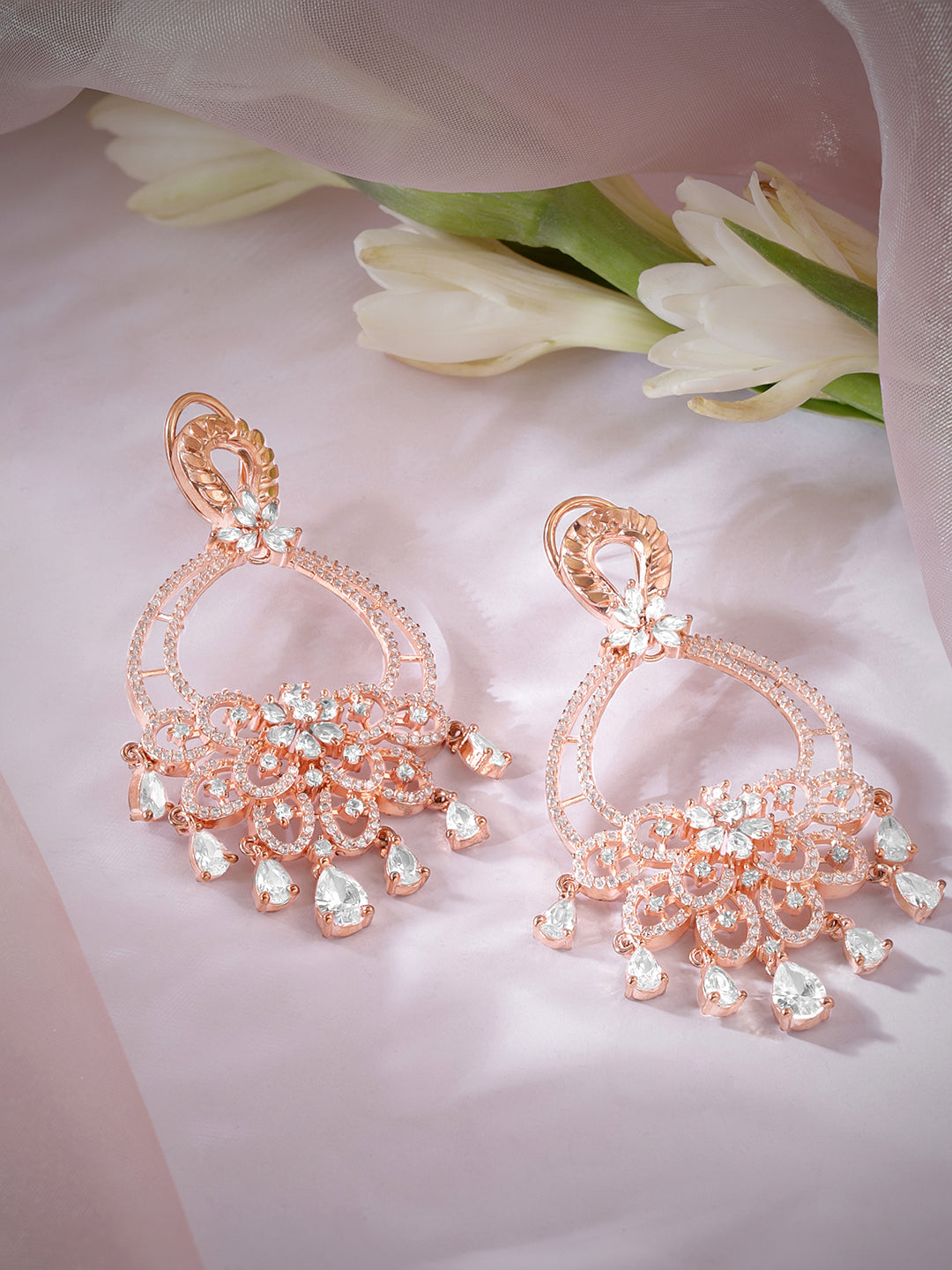 Floral Zircon Studded Handcrafted Rose Gold Plated Chandbali Earrings