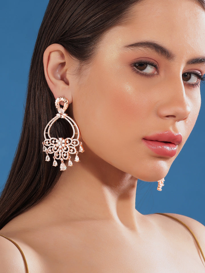 Floral Zircon Studded Handcrafted Rose Gold Plated Chandbali Earrings