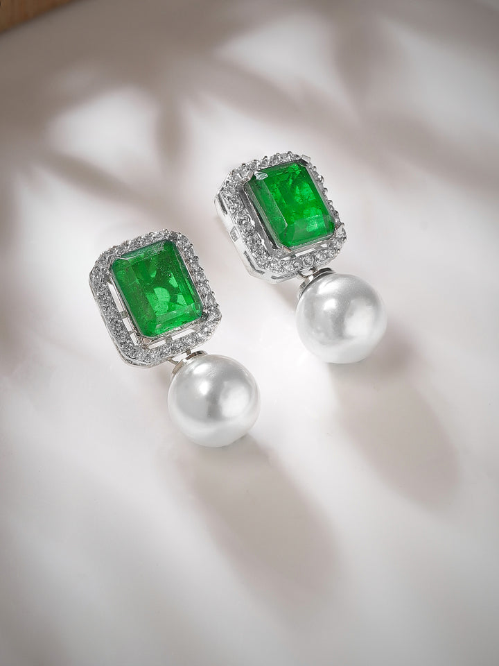 Rhodium Plated Emerald Green Doublet Pearl Drop Stud Earrings