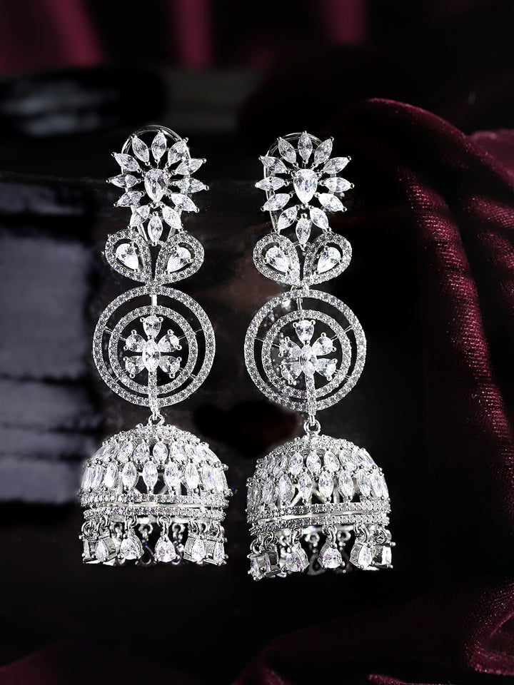 Rhodium Plated Zirconia Studded Jhumka Earrings