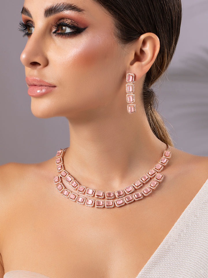 Rose Gold Pink Gemstone Studded Elegant Necklace Set