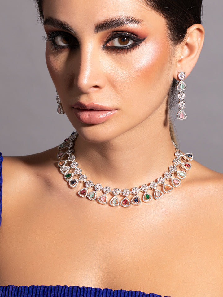 Silver Plated Multicoloured Stone Studded American Diamond Necklace Set.