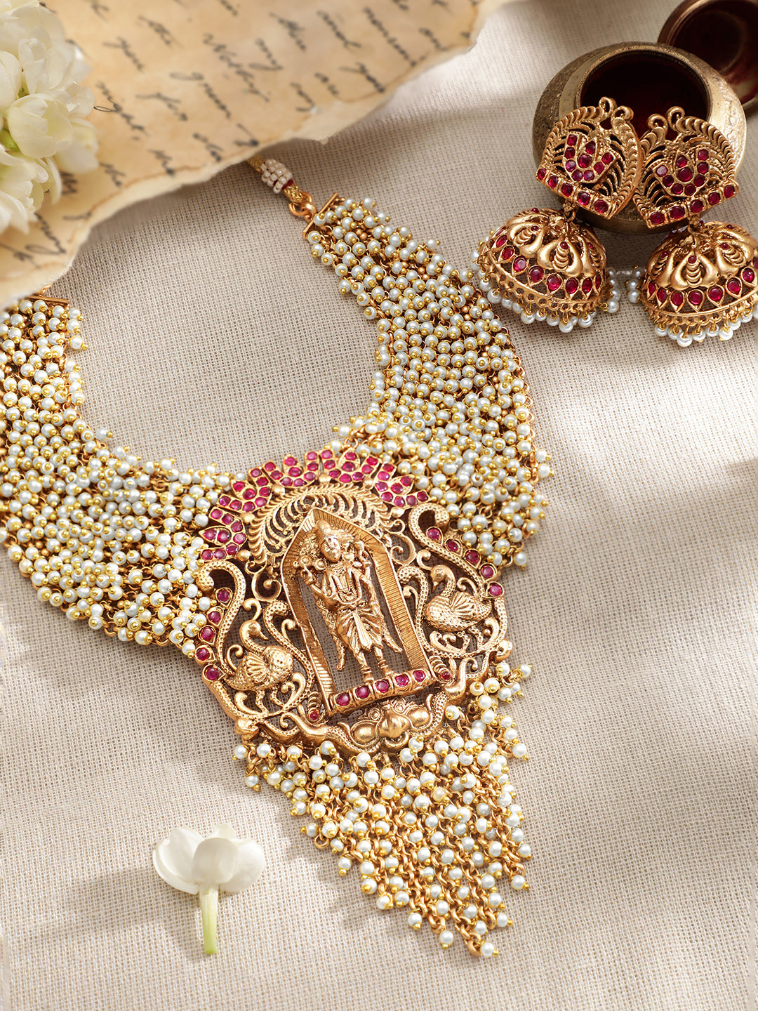 24K Gold Plated Necklace Set With Pearls Ruby Stones And Goddess Motifs.