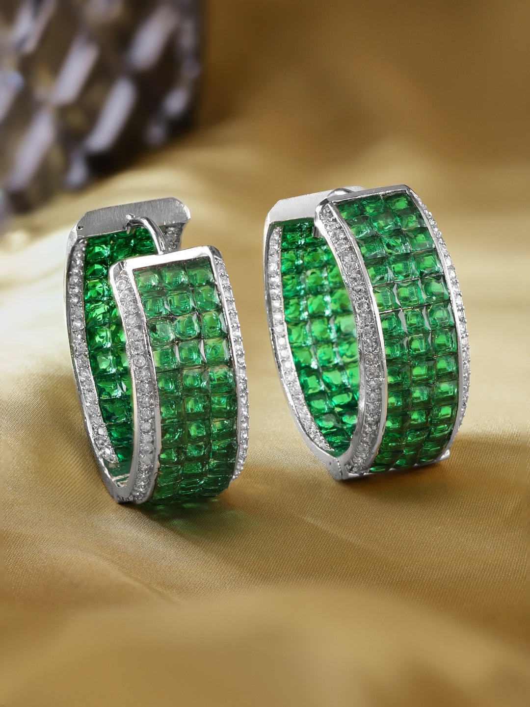 Rhodium Plated Premium White & Emerald Zircons Hoop Earring