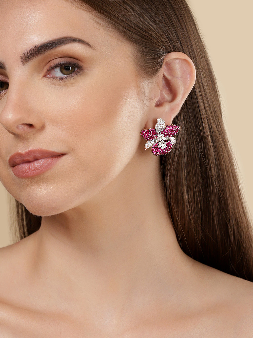 Rhodium Plated Premium White & Ruby Zircons Stud Earring