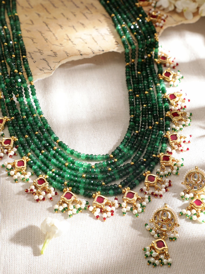 Kundan & Ruby Gold Plated Emerald Multi String Necklace Set