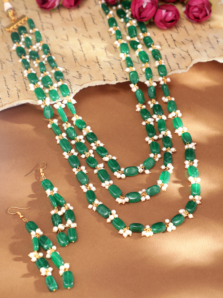 22K Gold Plated Semi Precious Green Aventurine Gem Beaded Zirconia studded Tri Layer Statement Necklace Set