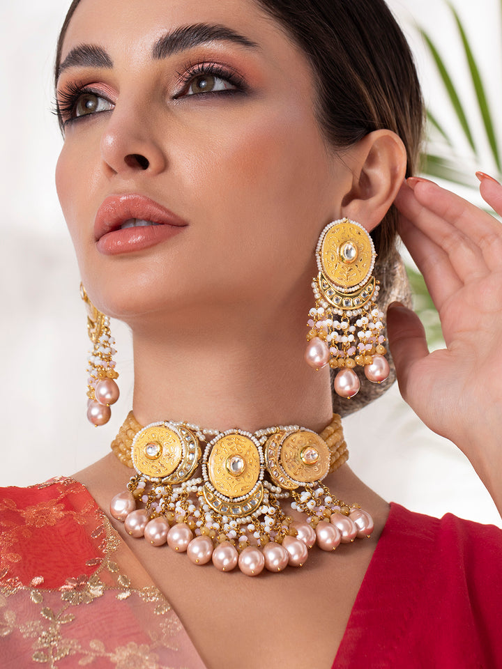 Luxury 24K Gold Plated Handcrafted Enamel & Pachi Kundan with Pearls Choker Set