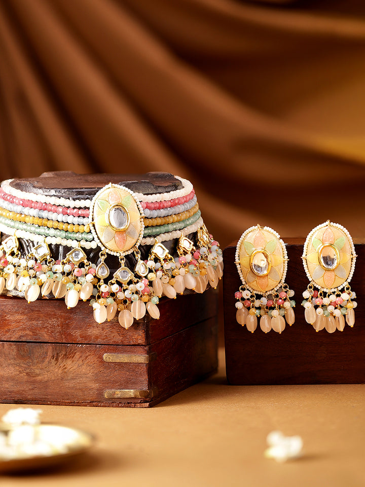 Luxury 24K Gold-Plated & White Kundan Studded Enameled Jewellery Set