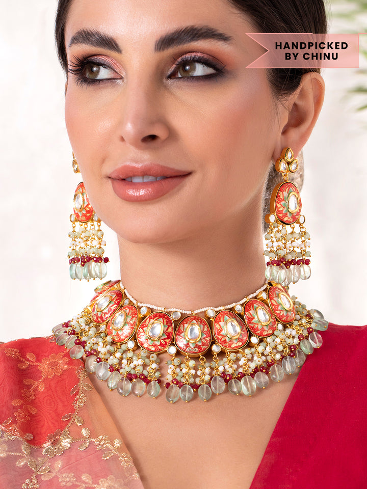 LUXURY Intricately Handcrafted  22Kt Gold Plated Traditional Red And Green Necklace Set