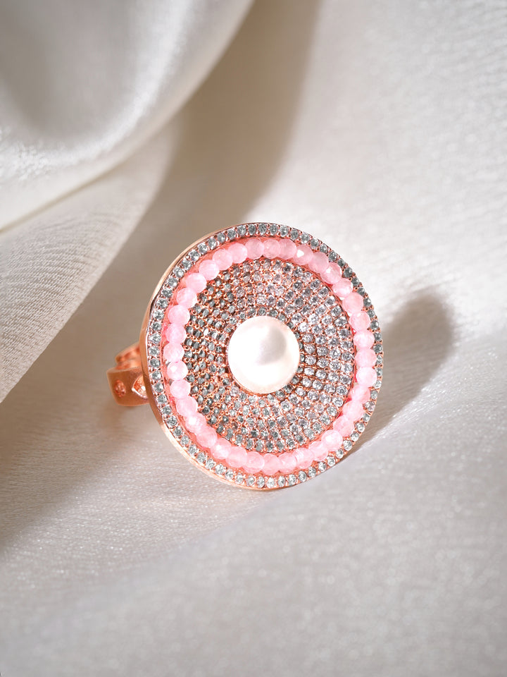 Rose-Gold Plated Zircone-Studded Pearl Ring