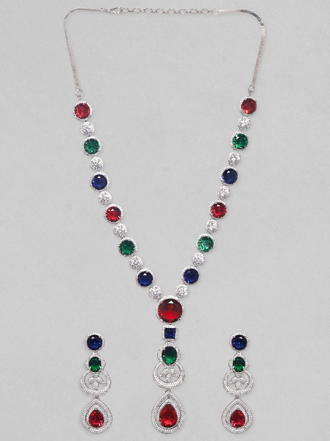 Rhodium Plated Multicoloured Zircons Stones Necklace & Earring Set.