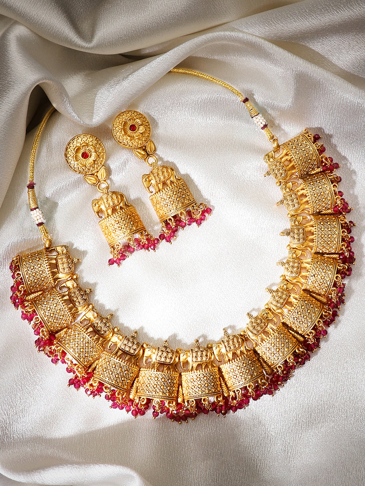 24K Gold Plated Elephant Filigree with Beads Handcrafted Necklace Set