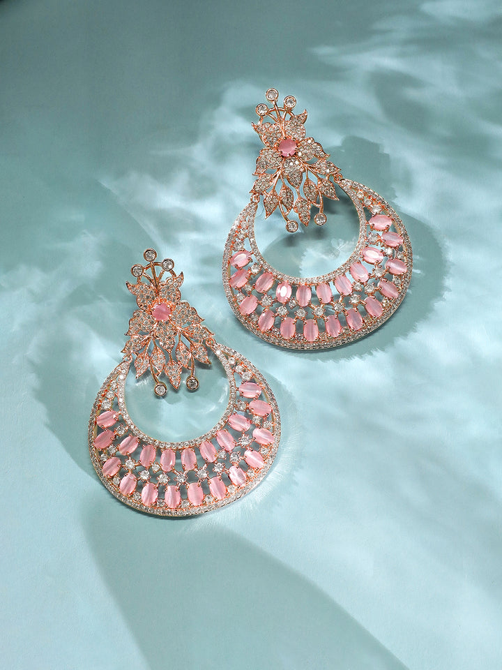 Zircon Studded Handcrafted Rose Gold Plated Floral Statement Chandbali Earrings