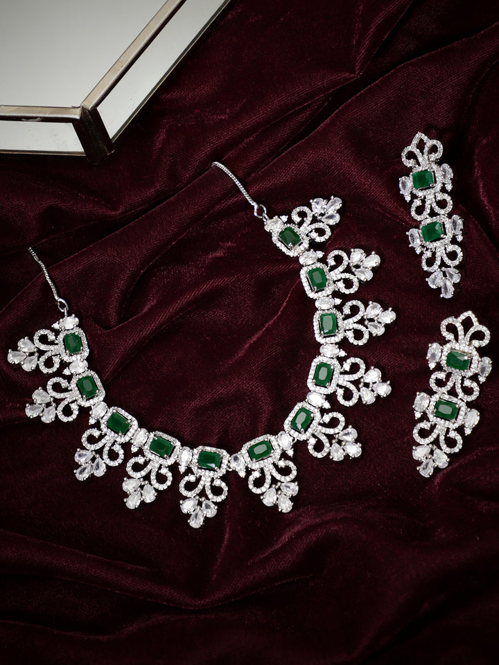 Silver Plated Green Emerald AD Studded Necklace Set.