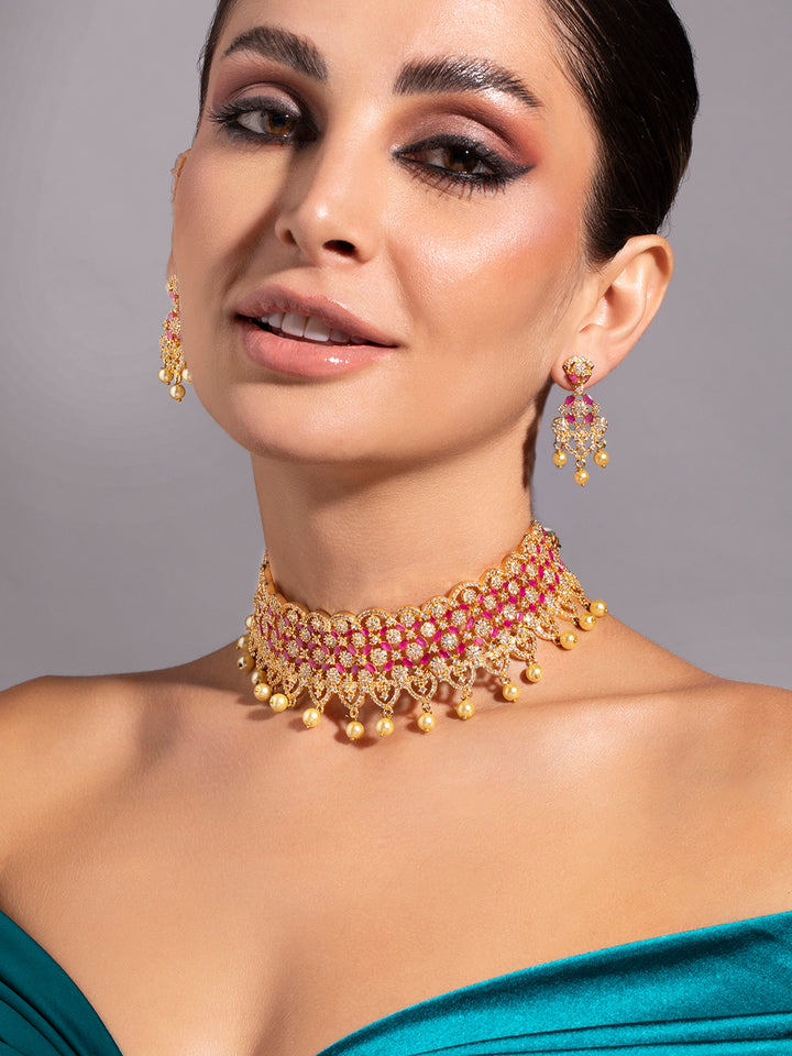 Finely Handcrafted Gold Plated CZ and Faux Ruby And Pearl Studded Statement Choker Necklace Set