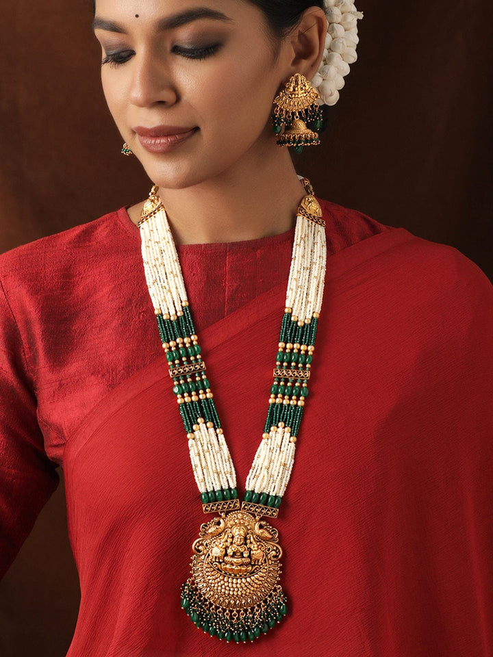 22k Gold plated Green & Pearl beaded handcrafted temple long necklace set Jewellery Sets