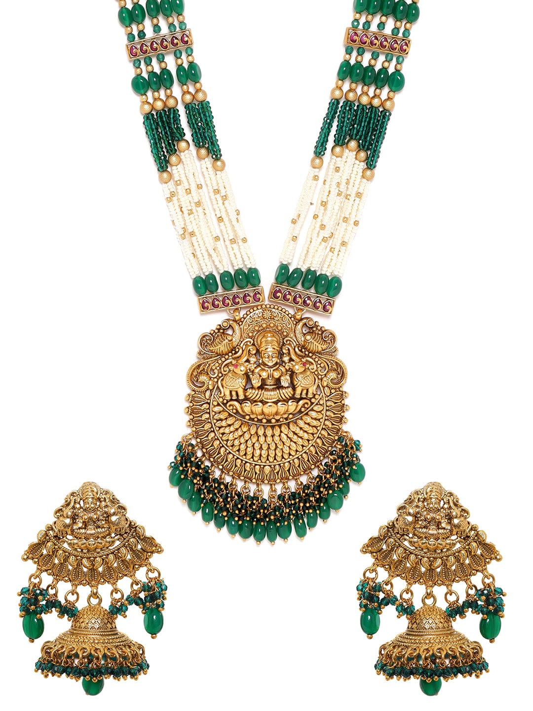 22k Gold plated Green & Pearl beaded handcrafted temple long necklace set Jewellery Sets