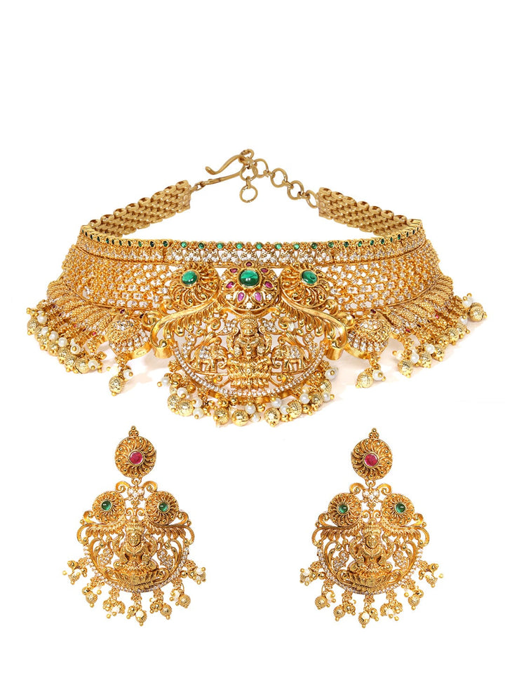 22K Gold plated Red & Green zirconia goddess motif Luxury Statement Temple Choker Set Jewellery Sets