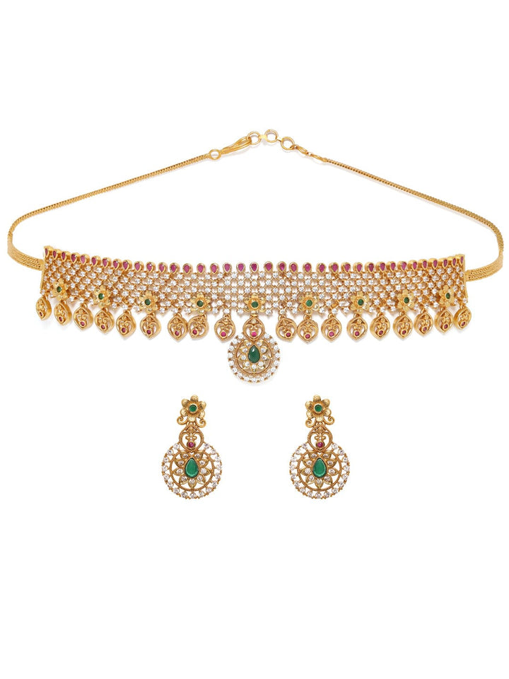 22K Gold plated Rubi & emerald Zirconia studded delicate dangle Luxury Temple Choker necklace set Jewellery Sets