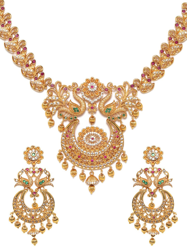 22K Gold plated Ruby & Emerald peacock motif Temple Handcrafted necklace set.  Jewellery Sets