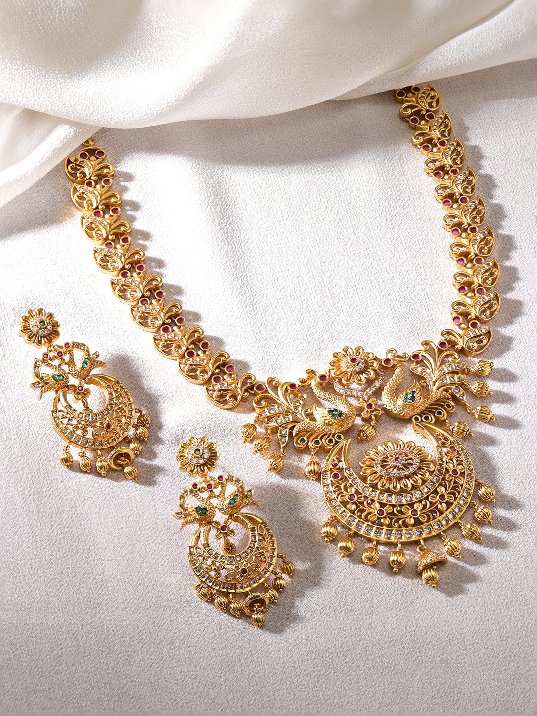 22K Gold plated Ruby & Emerald peacock motif Temple Handcrafted necklace set.  Jewellery Sets