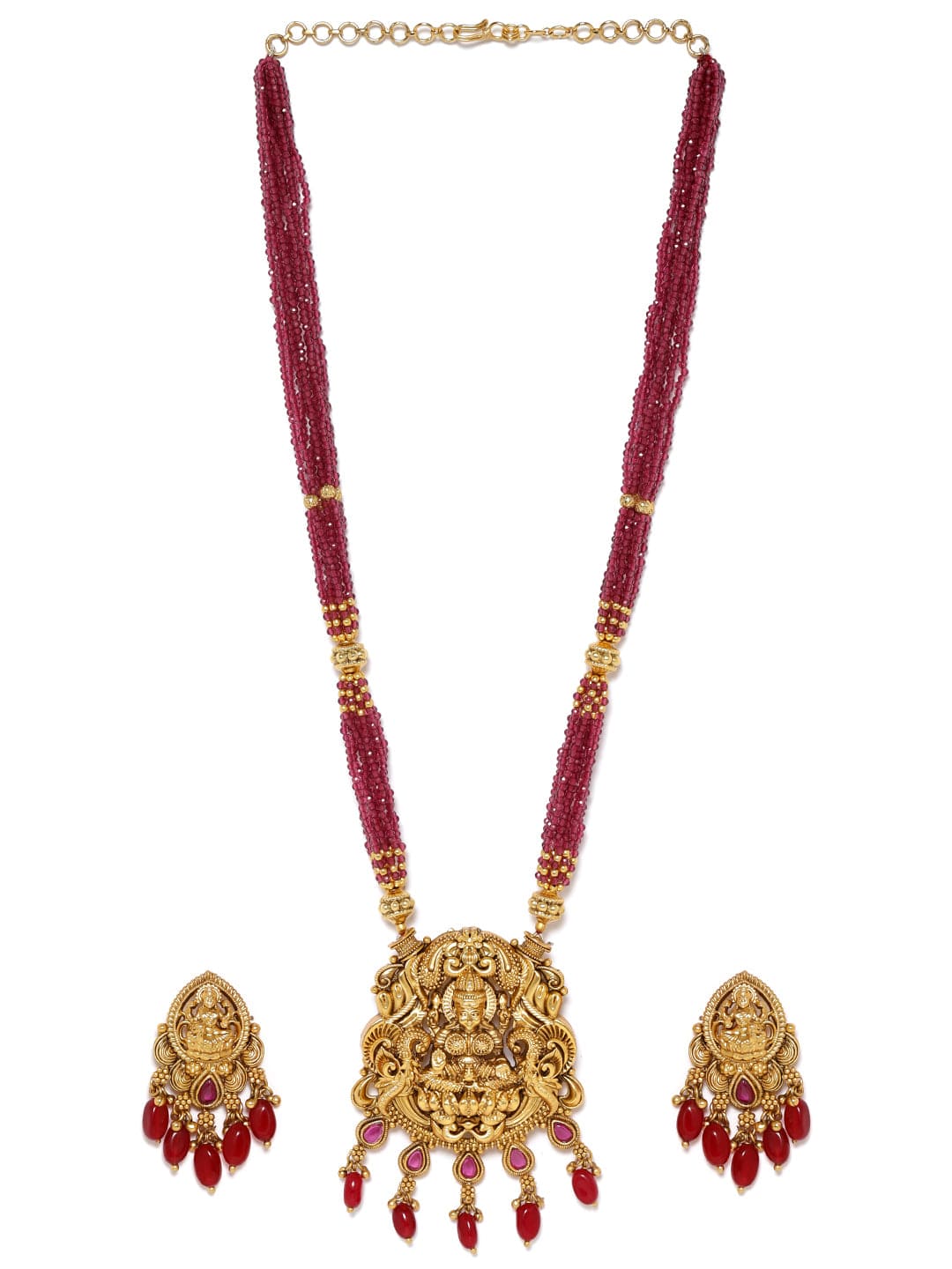 22K Gold plated Striking Ruby Red Beaded handcrafted Temple Necklace Set Jewellery Sets