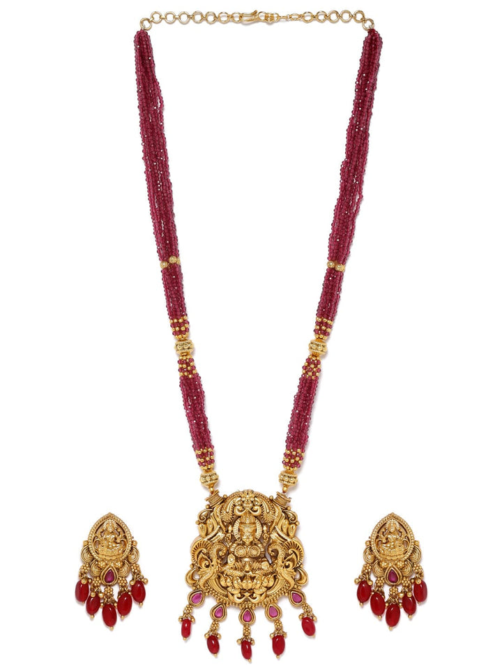 22K Gold plated Striking Ruby Red Beaded handcrafted Temple Necklace Set Jewellery Sets