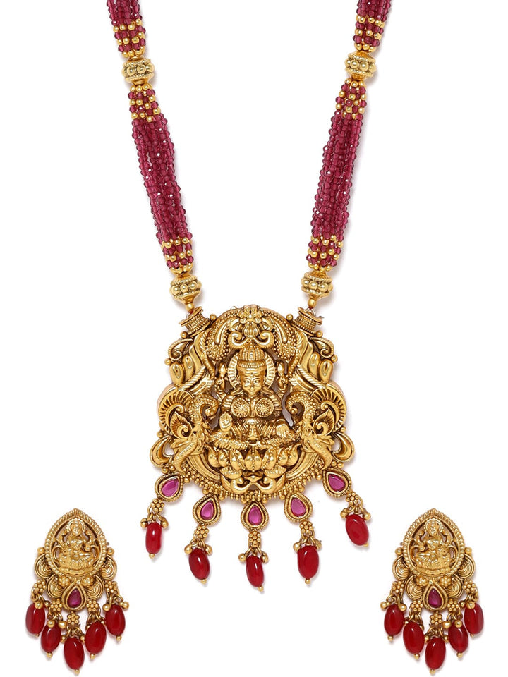 22K Gold plated Striking Ruby Red Beaded handcrafted Temple Necklace Set Jewellery Sets