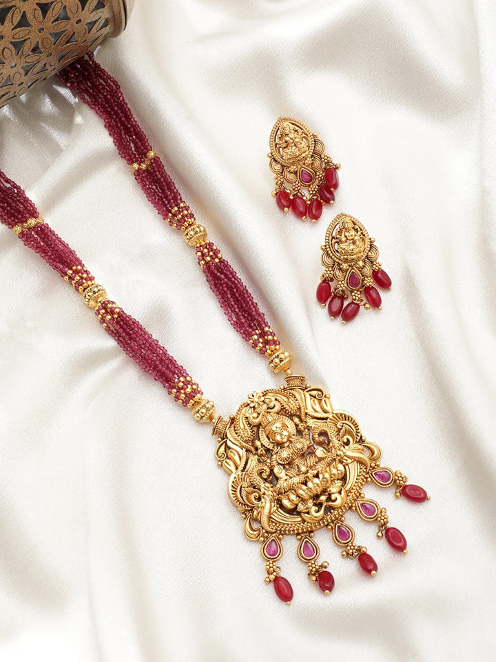 22K Gold plated Striking Ruby Red Beaded handcrafted Temple Necklace Set Jewellery Sets