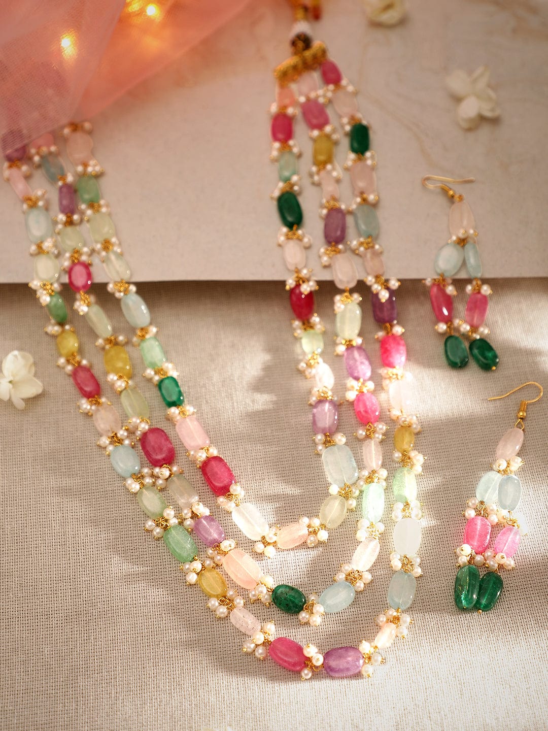 22K Gold platedRubans  Semi precious multicolour Gem Beaded Zirconia studded Multilayer Statement Necklace Set Jewellery Sets