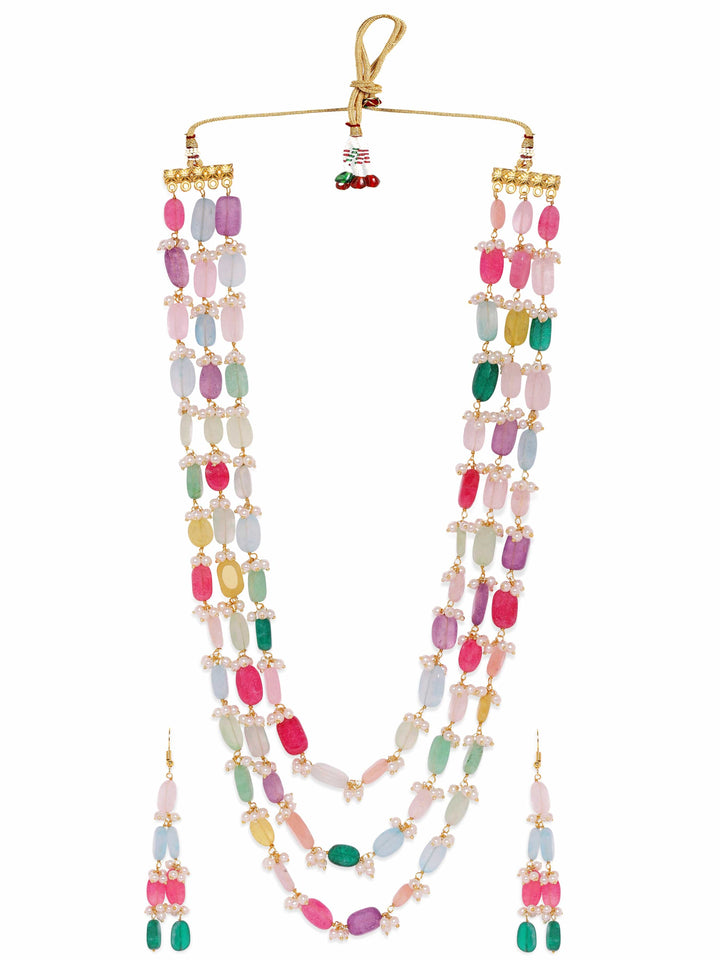 22K Gold platedRubans  Semi precious multicolour Gem Beaded Zirconia studded Multilayer Statement Necklace Set Jewellery Sets