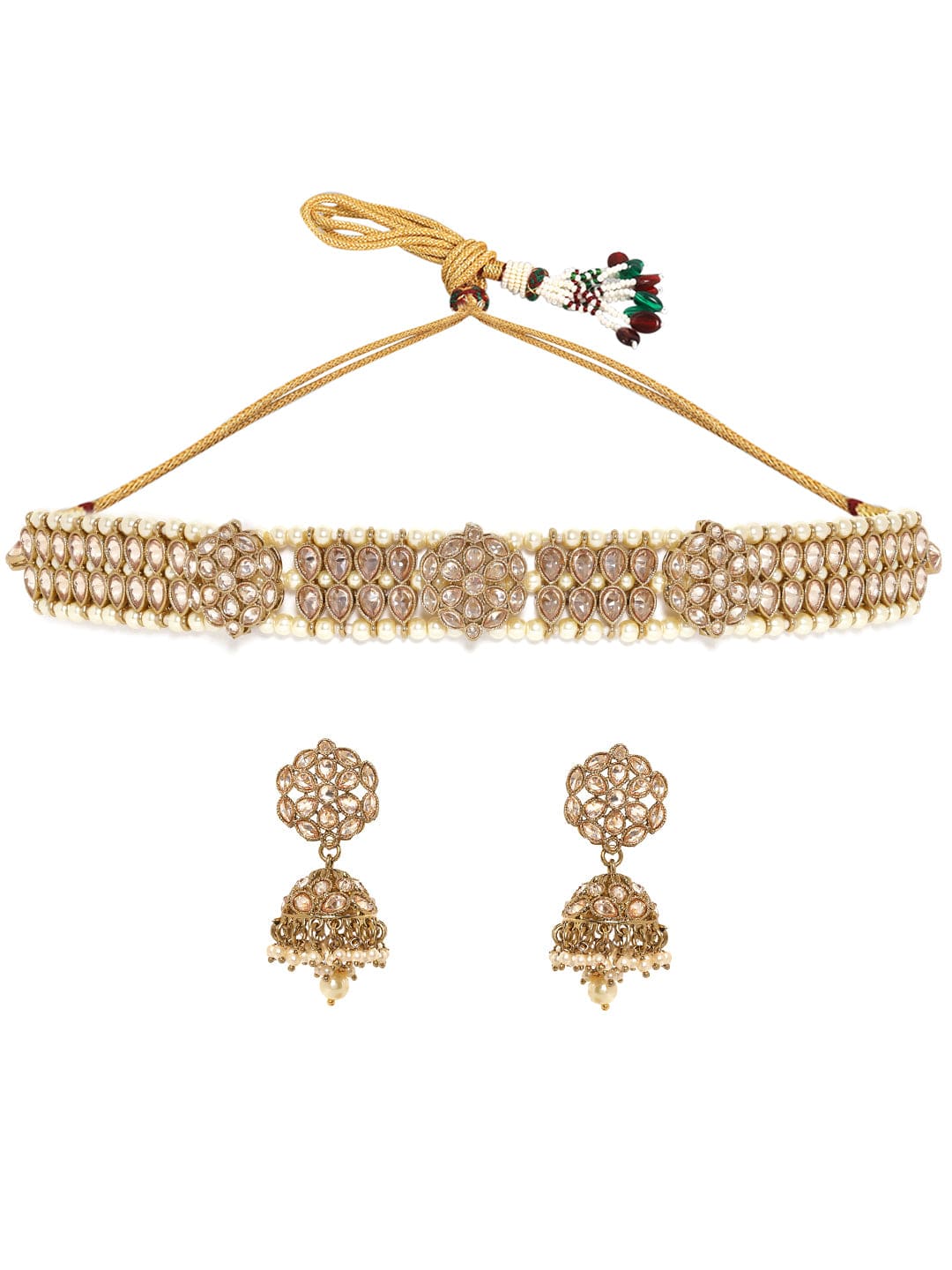 22k mehndi Gold plated Dazzling Reverse AD Pearl beaded Choker Set Jewellery Sets