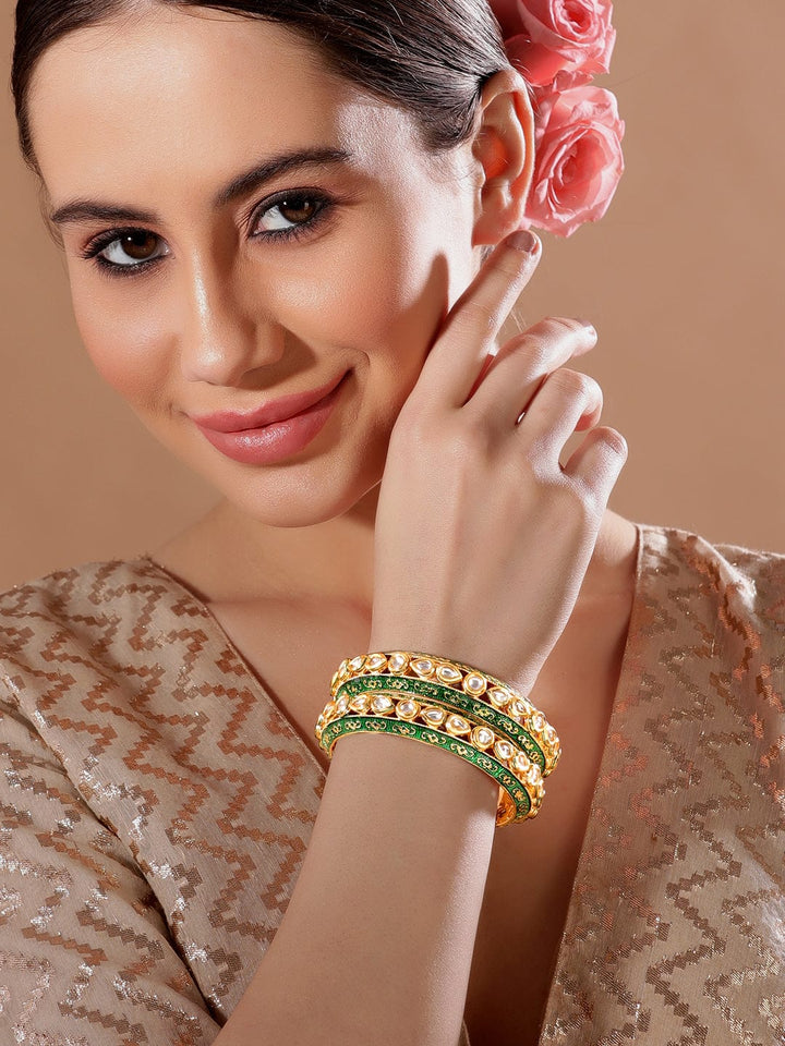 As Seen On Adah Sharma - Rubans 24K Gold Plated Kundan Studded Green Enamel Bangles Bangles & Bracelets